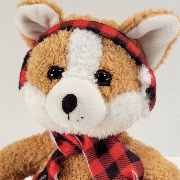 Light Brown Dog Plush Stuffed Animal 7" Red Plaid Earmuffs Scarf Soft Toy Corgi - Picture 5 of 15